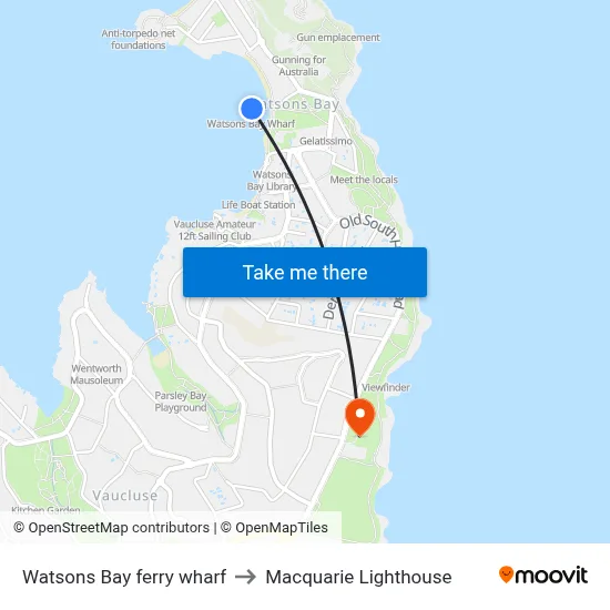 Watsons Bay ferry wharf to Macquarie Lighthouse map