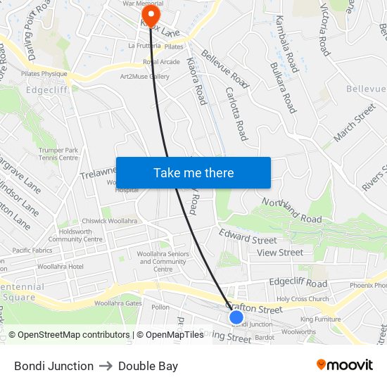 Bondi Junction to Double Bay map