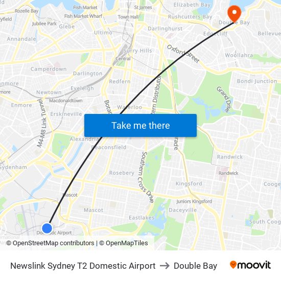 Newslink Sydney T2 Domestic Airport to Double Bay map