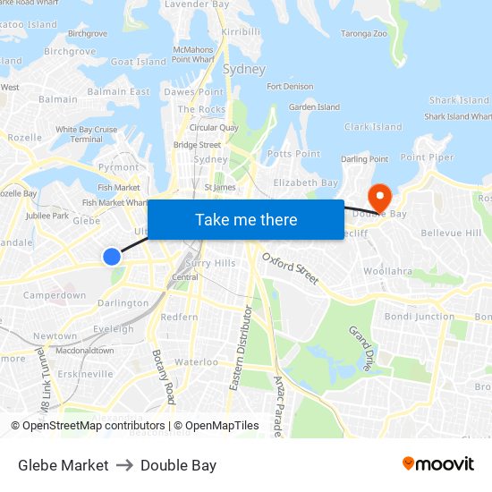 Glebe Market to Double Bay map