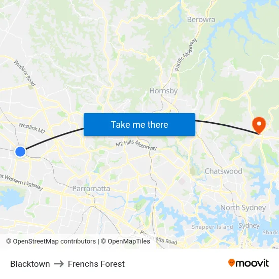 Blacktown to Frenchs Forest map