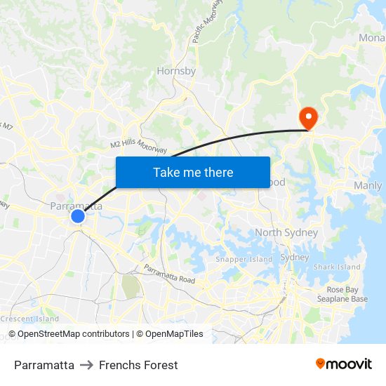 Parramatta to Frenchs Forest map