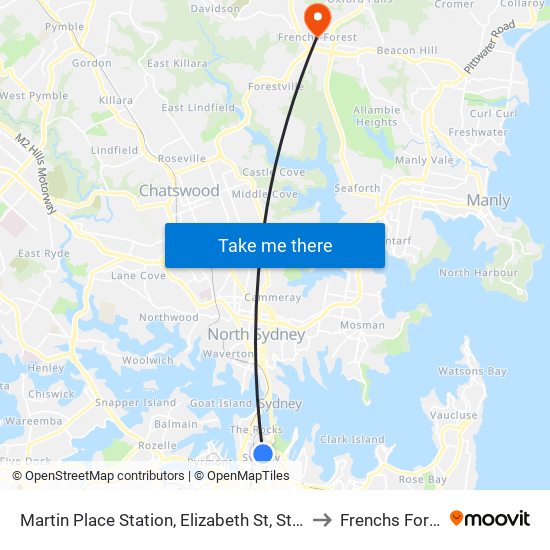 Martin Place Station, Elizabeth St, Stand C to Frenchs Forest map