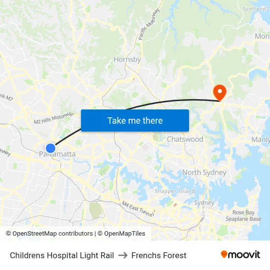 Childrens Hospital Light Rail to Frenchs Forest map