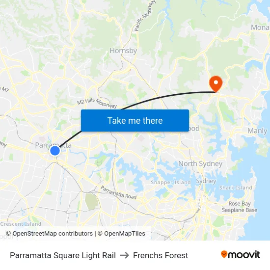 Parramatta Square Light Rail to Frenchs Forest map