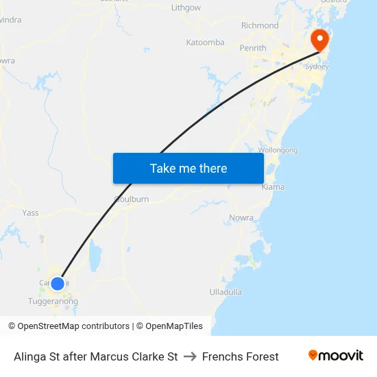 Alinga St after Marcus Clarke St to Frenchs Forest map