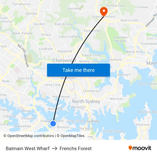 Balmain West Wharf to Frenchs Forest map