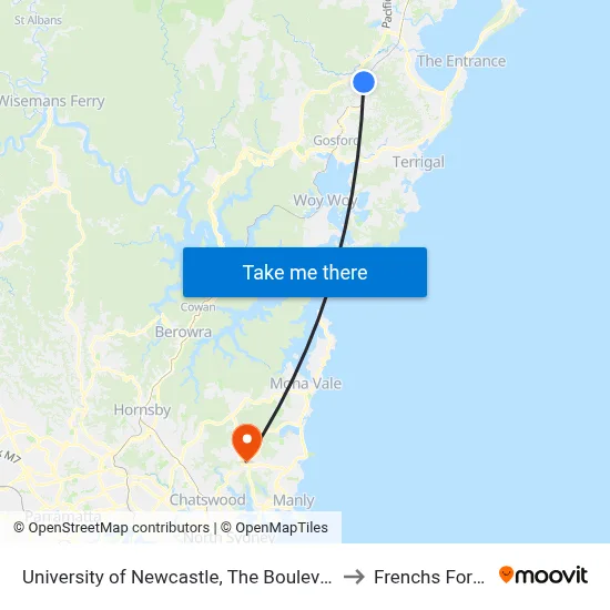 University of Newcastle, The Boulevarde to Frenchs Forest map