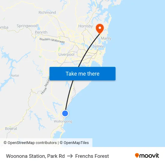Woonona Station, Park Rd to Frenchs Forest map