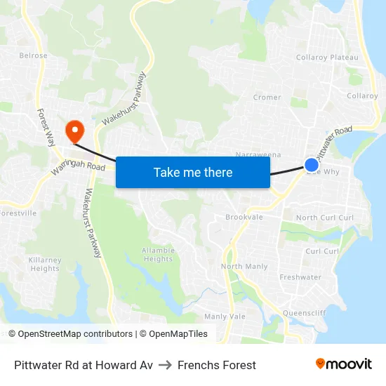 Pittwater Rd at Howard Av to Frenchs Forest map