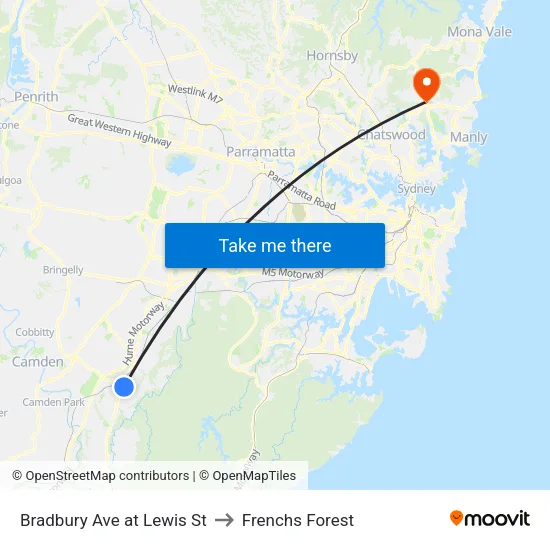 Bradbury Ave at Lewis St to Frenchs Forest map