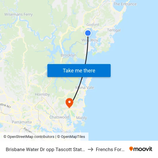 Brisbane Water Dr opp Tascott Station to Frenchs Forest map