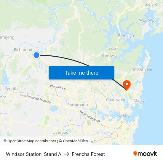 Windsor Station, Stand A to Frenchs Forest map