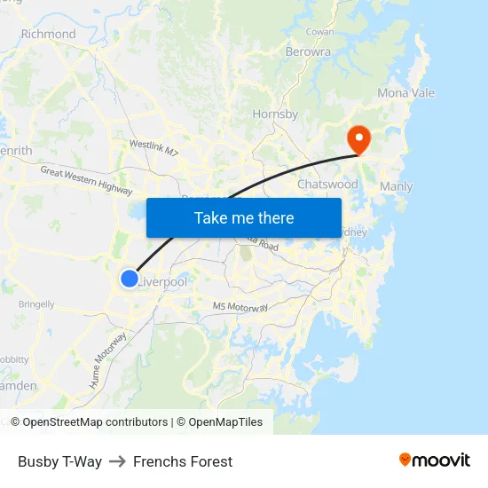 Busby T-Way to Frenchs Forest map