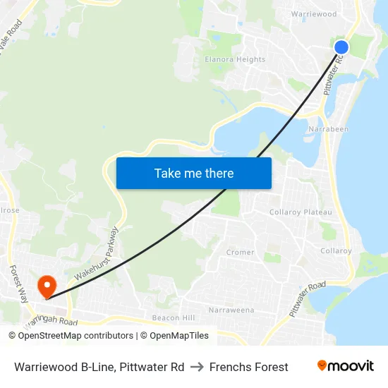 Warriewood B-Line, Pittwater Rd to Frenchs Forest map