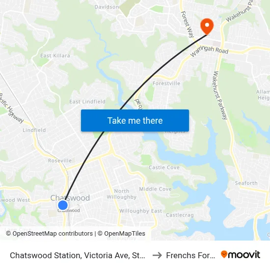 Chatswood Station, Victoria Ave, Stand E to Frenchs Forest map