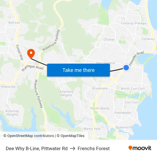 Dee Why B-Line, Pittwater Rd to Frenchs Forest map