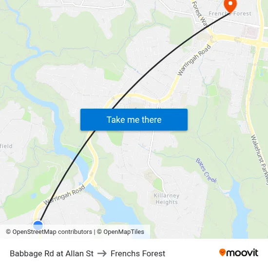 Babbage Rd at Allan St to Frenchs Forest map