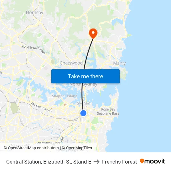 Central Station, Elizabeth St, Stand E to Frenchs Forest map