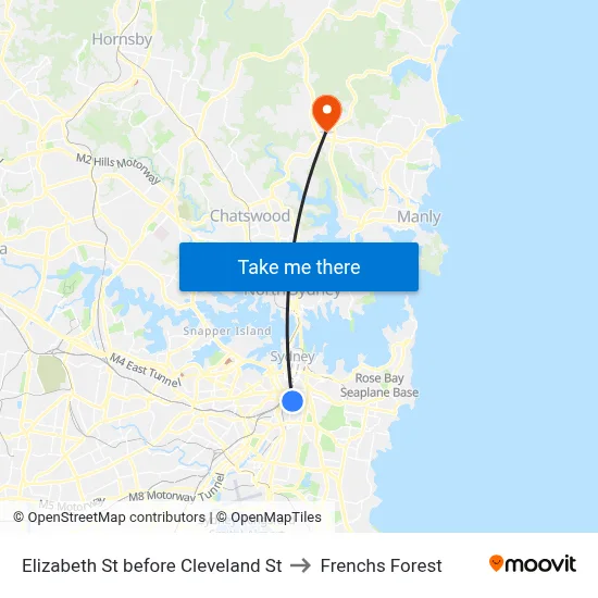 Elizabeth St before Cleveland St to Frenchs Forest map