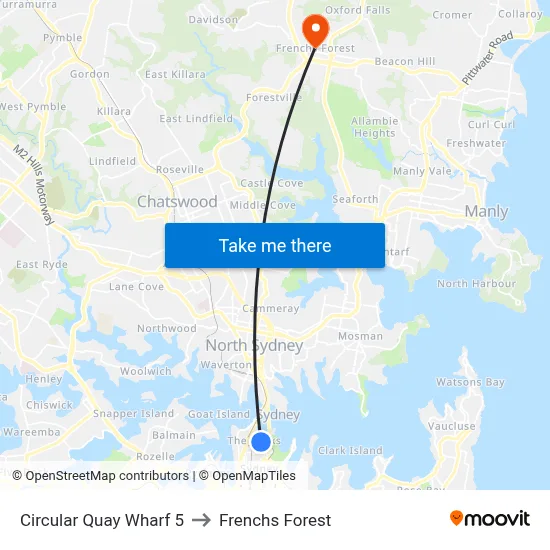Circular Quay Wharf 5 to Frenchs Forest map