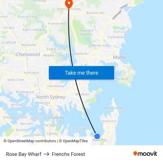 Rose Bay Wharf to Frenchs Forest map