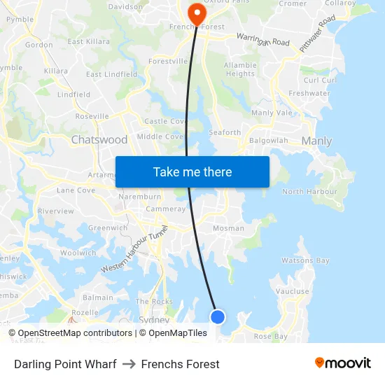 Darling Point Wharf to Frenchs Forest map
