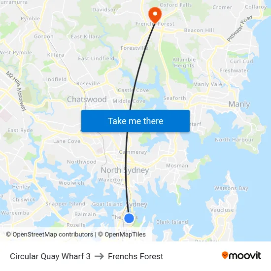 Circular Quay Wharf 3 to Frenchs Forest map