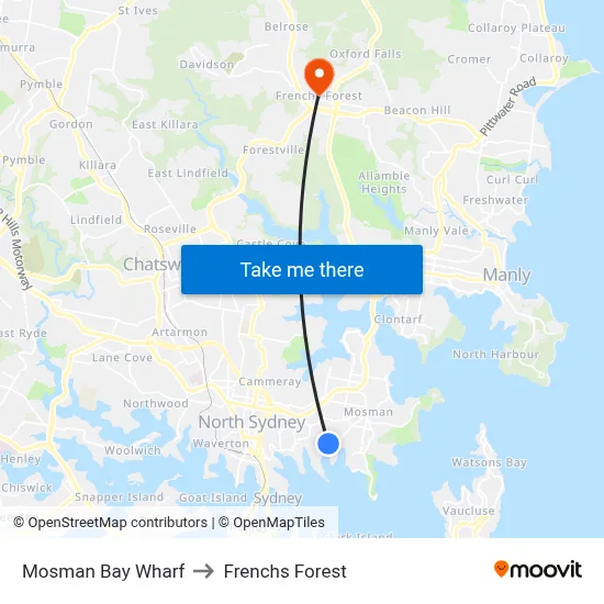 Mosman Bay Wharf to Frenchs Forest map