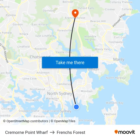 Cremorne Point Wharf to Frenchs Forest map