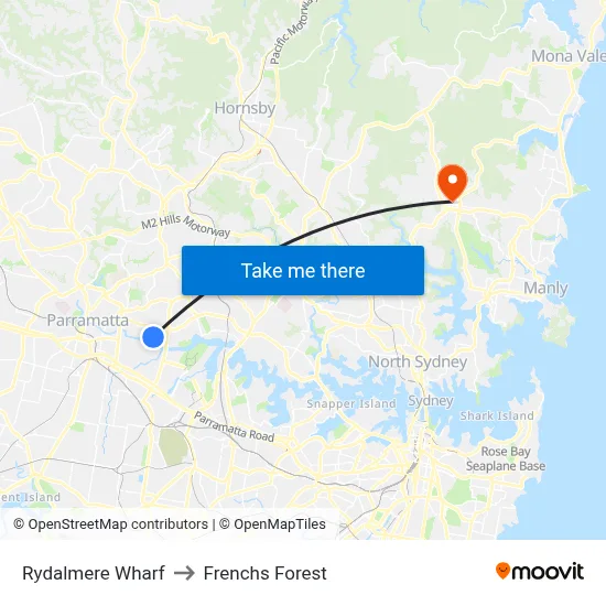 Rydalmere Wharf to Frenchs Forest map