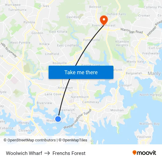 Woolwich Wharf to Frenchs Forest map