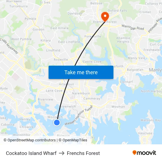 Cockatoo Island Wharf to Frenchs Forest map