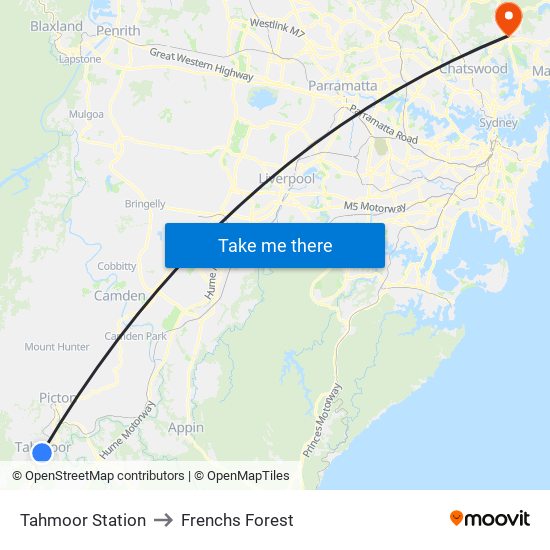 Tahmoor Station to Frenchs Forest map