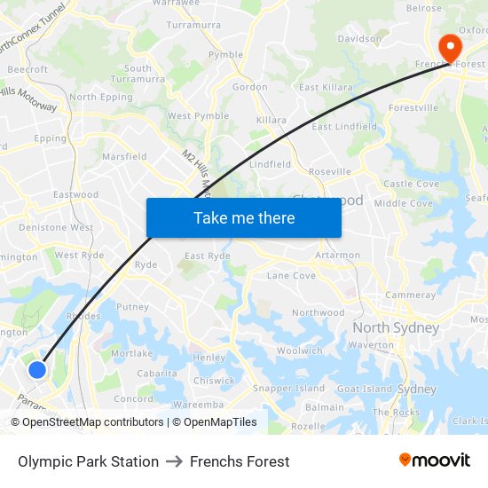 Olympic Park Station to Frenchs Forest map