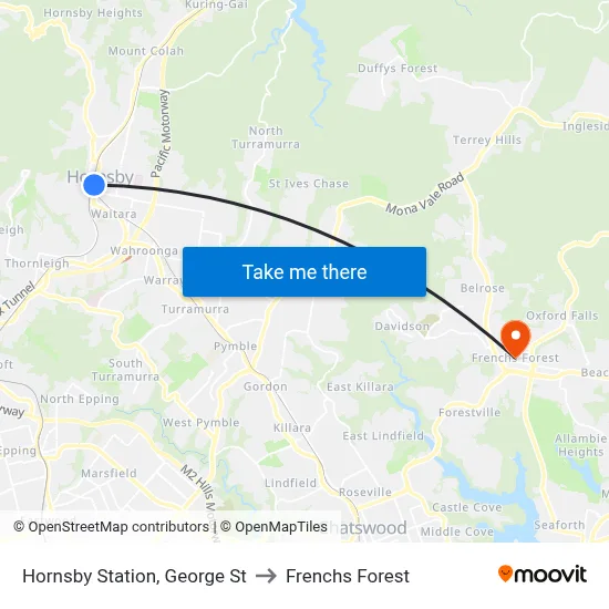 Hornsby Station, George St to Frenchs Forest map
