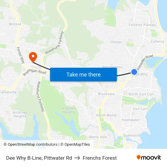 Dee Why B-Line, Pittwater Rd to Frenchs Forest map