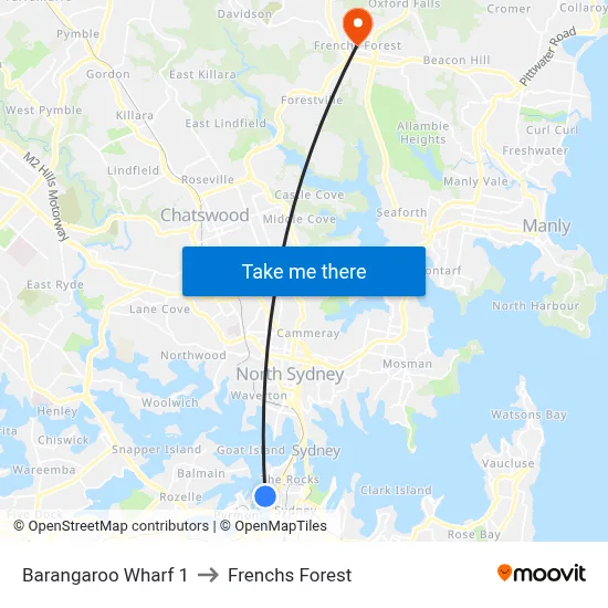 Barangaroo Wharf 1 to Frenchs Forest map