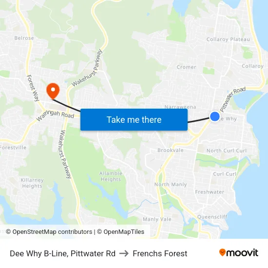 Dee Why B-Line, Pittwater Rd to Frenchs Forest map