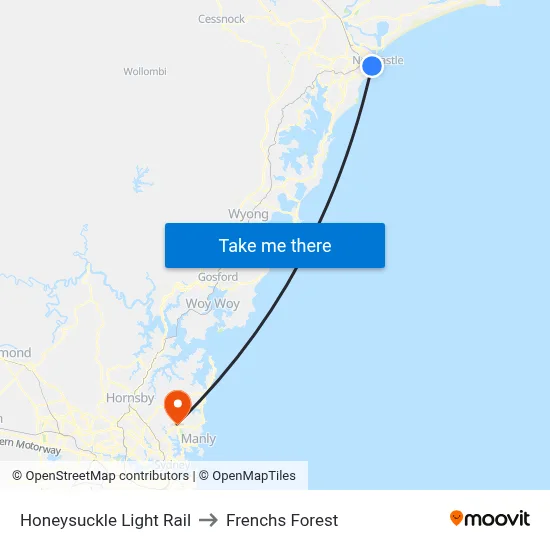 Honeysuckle Light Rail to Frenchs Forest map
