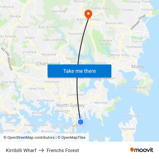 Kirribilli Wharf to Frenchs Forest map