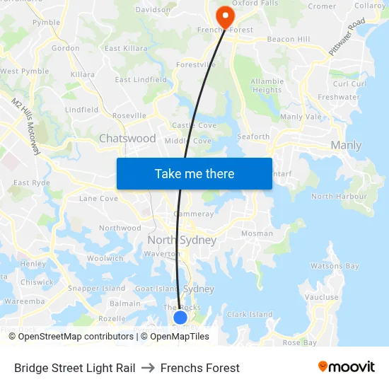 Bridge Street Light Rail to Frenchs Forest map