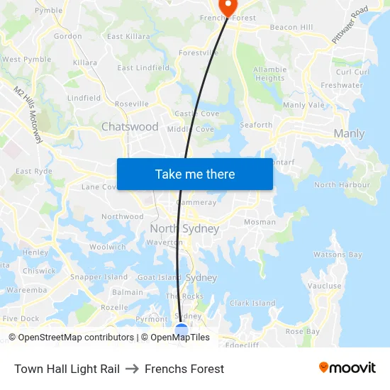 Town Hall Light Rail to Frenchs Forest map