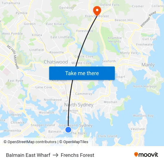 Balmain East Wharf to Frenchs Forest map