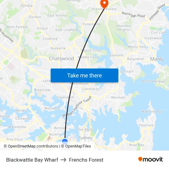 Blackwattle Bay Wharf to Frenchs Forest map