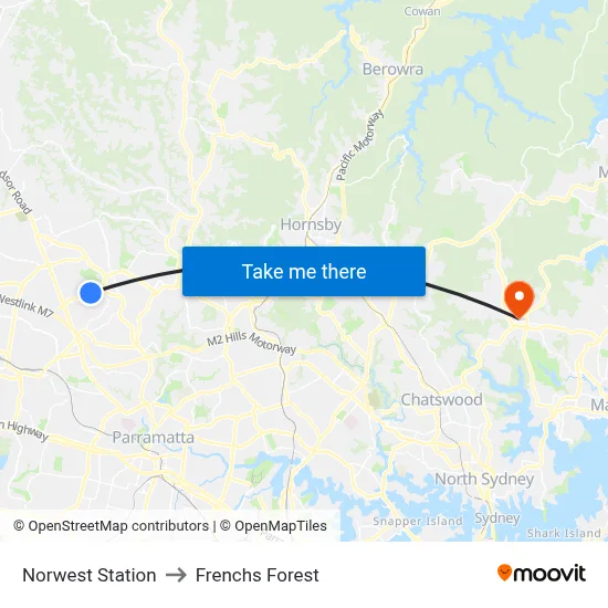 Norwest Station to Frenchs Forest map