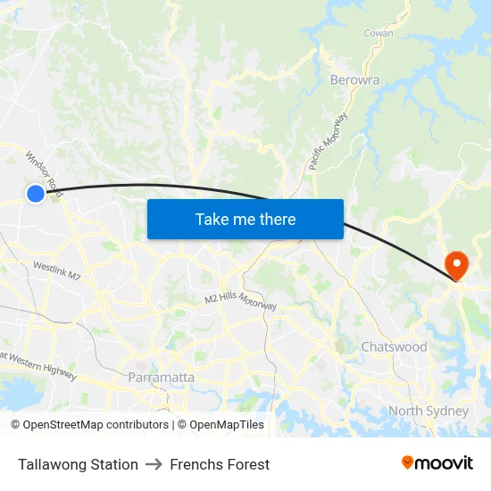 Tallawong Station to Frenchs Forest map