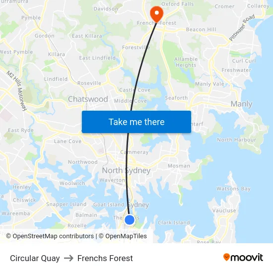 Circular Quay to Frenchs Forest map