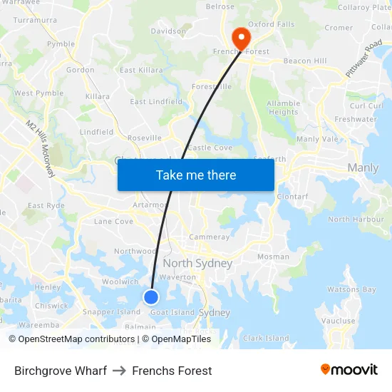 Birchgrove Wharf to Frenchs Forest map