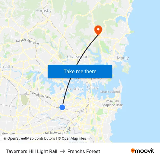 Taverners Hill Light Rail to Frenchs Forest map